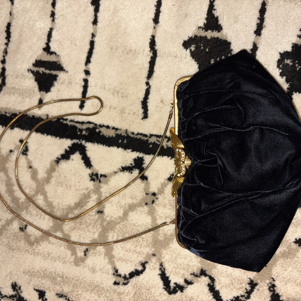Courtenay Black Velvet Clutch with Gold Chain
